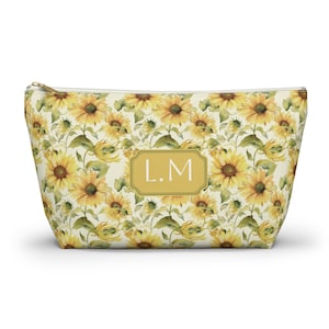 Sunflower Personalized Pouch, Cute Chic Floral Custom Utility Bag - Accessory Pouch w T-bottom, Makeup Bag, Cosmetic Pouch,