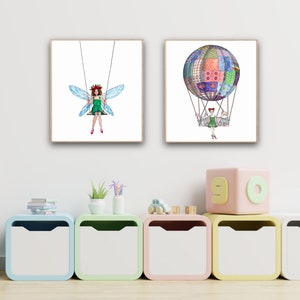 Decoración de guardería de hadas, Impresiones digitales de unicornios con globos aerostáticos, Imprimibles para bebés, Arte de pared de habitación para niños, Carteles para niños Arte original Regalo para niños
