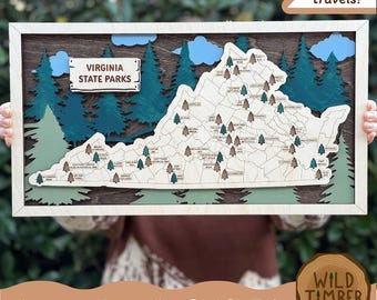 Mapa de seguimiento de viajes de los parques estatales de Virginia en formato SVG: archivo de corte láser (descarga digital).