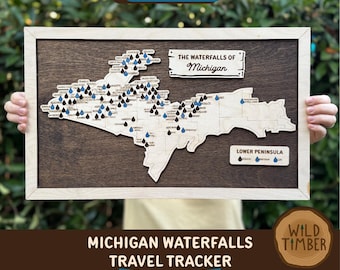 Michigan Waterfalls Travel Tracker Map SVG file: Upper Peninsula Glowforge cut file (Digital Download)