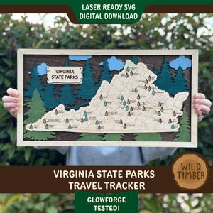 Suivi de voyage des parcs d'État de Virginie SVG | Virginie SVG | Traqueur de voyage SVG | Fichier Virginia Glowforge | Carte de Virginie svg