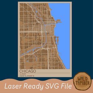 Mapa de Chicago, Illinois SVG: arquivo de corte a laser em madeira multicamadas (download digital)