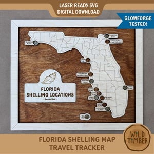 May include: Wooden Florida map with a white frame, featuring laser-cut details of shelling locations. The map includes text that reads "Florida Shelling Locations - bucket list" and "Florida Shelling Map Travel Tracker". The design is suitable for laser cutting.