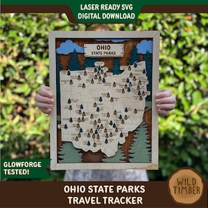 Mappa di tracciamento dei viaggi dei parchi statali dell&#39;Ohio SVG: file di taglio laser Glowforge (download digitale)