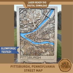 Mapa de madera de Pittsburgh, Pensilvania (SVG): archivo cortado con láser multicapa (descarga digital)