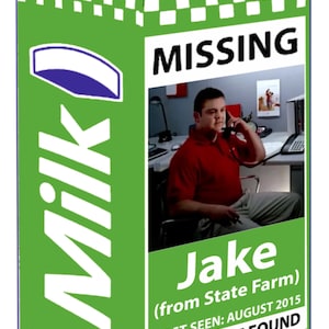 May include: A green milk carton with the word "Milk" in white. The carton has a picture of a man and the text "MISSING Jake (from State Farm) LAST SEEN: AUGUST 2015 REWARD IF FOUND".