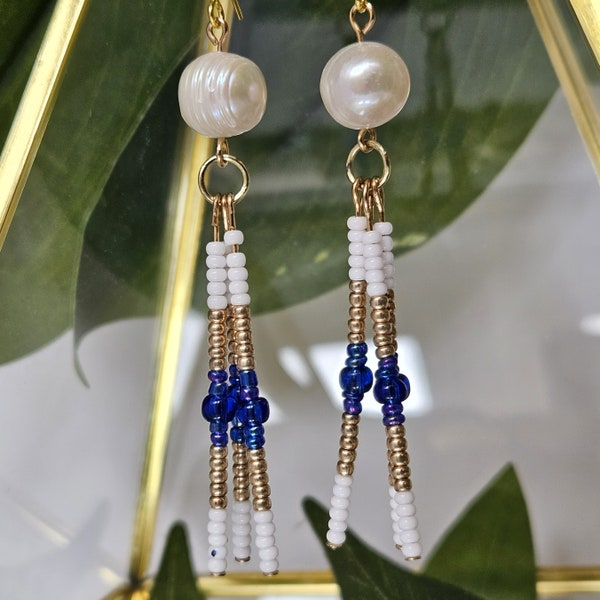 Pearl + Navy Beaded Boho Earrings, Indigenous Made Beaded Jewelry, Fringe Statement Earrings, Boho Beaded Earrings, Handmade Beadwork