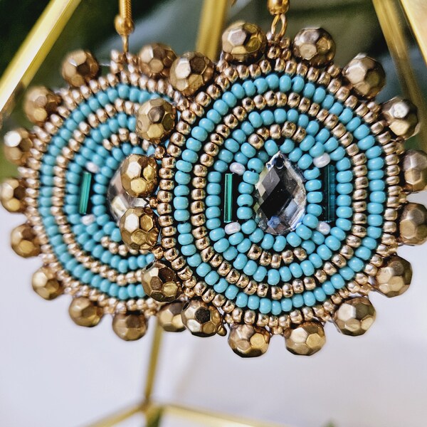 Turquoise Hoop Vintage Style Indigenous Beadwork Unique Beaded Chandelier Earrings Native American Jewelry Bridal Bohemian Beach Jewelry"