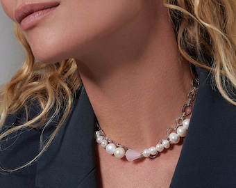 Choker "Milkshake",Handmade Italian Murano Glass Beads, Designer Charms, Natural Pearls, Hypoallergenic silver-tone Jewelry,Gift for her