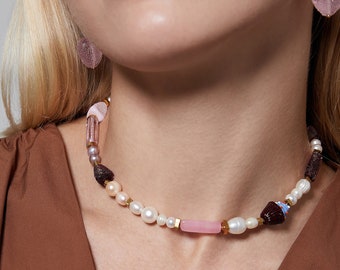 Choker "Blueberry muffin",Handmade Italian Murano Glass Beads,Designer Charms, Natural Pearls, Hypoallergenic Gold-tone Jewelry,Gift for her