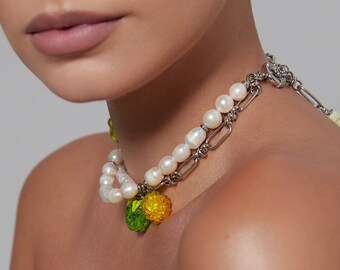 Summer Choker "Citrus",Handmade Italian Murano Glass Beads, Designer Charms, Natural Pearls, Hypoallergenic silver-tone Jewelry,Gift for her