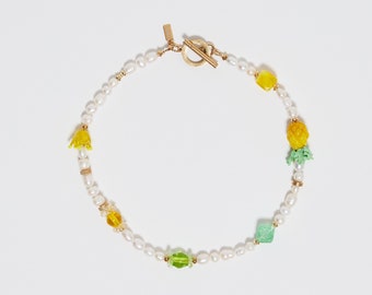 Сhoker-bracelet "Pineapple slice", Handmade Murano Italian Glass Charms, Natural White pearls, Hypoallergenic Gold-tone Jewelry, multifunctional