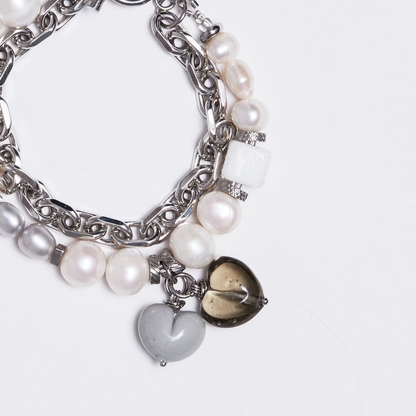 Designer "Abyss" Bracelet,Handmade Murano Glass Lampworked Beads&Charms, Natural White, Gray Pearls, Hypoallergenic Silver Jewelry