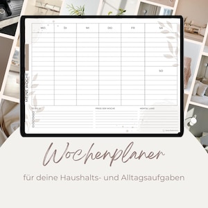 Pode incluir: Um planejador semanal imprimível com um design minimalista. O planejador inclui seções para listas de tarefas, prioridades e carga mental. O texto "MEINE WOCHE" está no topo do planejador, que se traduz como "MINHA SEMANA" em português.