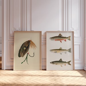 Fly Fishing Wall Print Set of 2 Lake Home Decor Printable Wall Art Man Cave Aesthetic Trout Vintage Art Gift for Fishermen Cabin Wall Decor