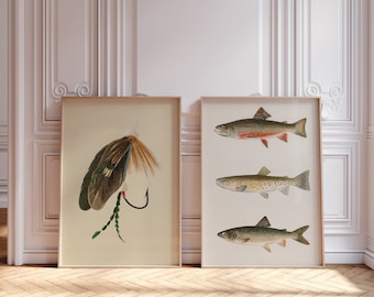 Vliegvissen muur print set van 2 Lake Home decor afdrukbare muur kunst man grot esthetische forel vintage kunst cadeau voor vissers cabine muur decor