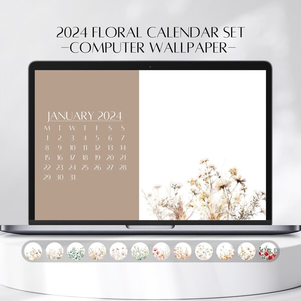 2024 Kalender Wallpaper Computer Hintergrund Laptop digitaler Download Wallpaper Mac PC Kalender Blumentapete Bundle botanische Ästhetik