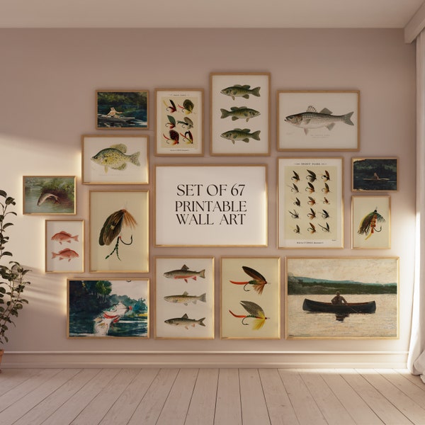 Pack de láminas de pesca con mosca para decoración de pared, ideal para casas junto al lago. Arte imprimible para pared, estilo vintage para la guarida del hombre, con temática de trucha. Regalo perfecto para pescadores.