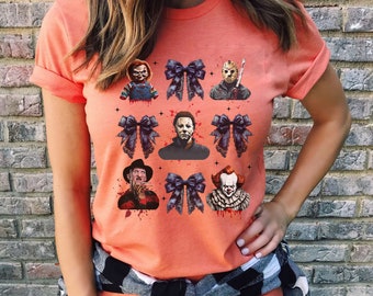 Halloween Horror Character Coquette Bow shirt, Horror Movie shirt, Halloween Party tshirt, Michael Myers, Jason Voorhees, Retro Halloween
