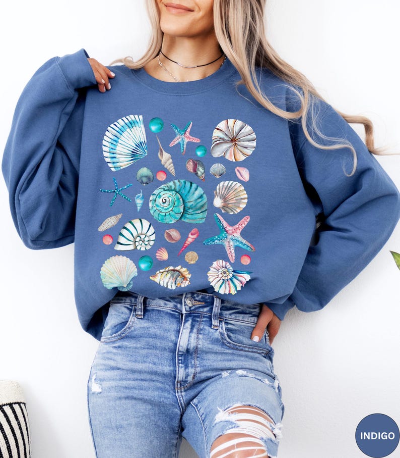 Seashell Graphic Crewneck sweatshirt, Ocean Inspired Sea shell sweater, Shell shirt, Sea Shell gift, Sea shell graphic, Beachy shirts image 13