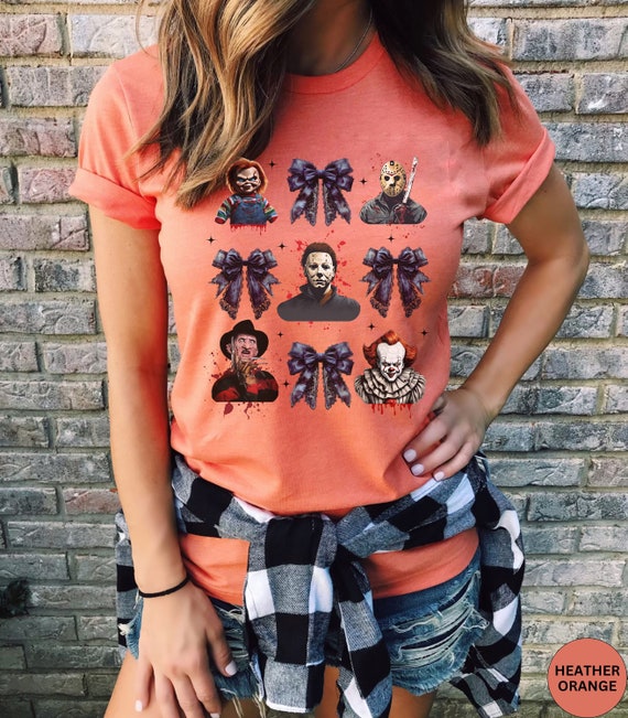 Halloween Horror Character Coquette Bow shirt, Horror Movie shirt, Halloween Party tshirt, Michael Myers, Jason Voorhees, Retro Halloween