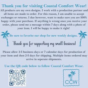 May include: A light blue informational graphic with dark blue text reading Thank you for visiting Coastal Comfort Wear, featuring palm tree illustrations, a QR code, and a logo with the letters CCW surrounded by a scalloped border design.