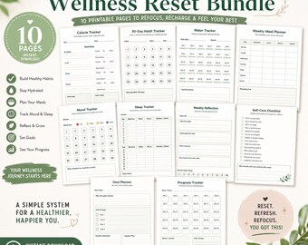 30 Day Wellness Reset Bundle Printable PDF, Self Care Planner, Habit Tracker, Instant Download