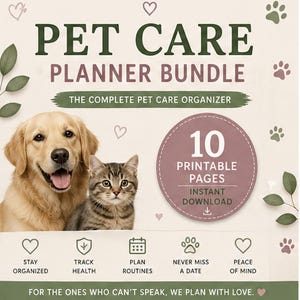 Op de afbeelding: Een bundel voor een huisdierverzorgingsplanner met een golden retriever en een tabbykat. De tekst luidt "Pet Care Planner Bundle" en "The Complete Pet Care Organizer". Bevat 10 afdrukbare pagina's met direct downloaden.
