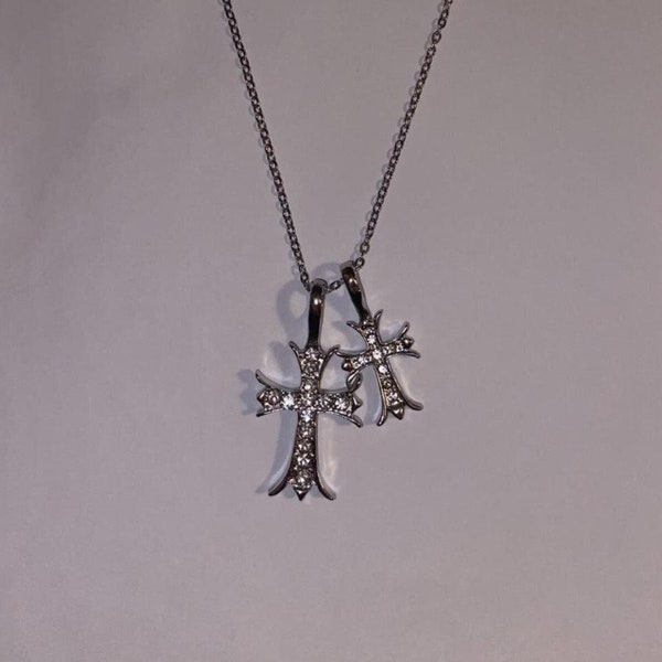 Stainless Steel Silver Baroque Double Cross Necklace