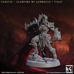Vaeryss, Champion of Asmodeus- The Infernal Legion: July &#39;25 Artisan Guild | Devil | Tiefling | Barbarian | Fighter | Pinup | Warrior | 32mm