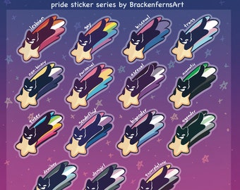 May include: A collection of colorful comet-shaped stickers featuring cat faces, each representing a different pride identity. The stickers have a star-shaped base and a comet tail with pride flag colors. Text at the top reads "comet kitties!" and "pride sticker series by BrackenfernsArt."
