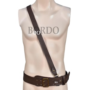 Handmade leather Sam Browne belt; British military style with shoulder strap, cross belt