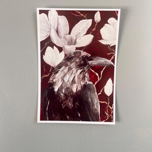 Crow And Flowers Watercolor Print, Hand-Painted Gift, Art Print Gift For Animal Lover