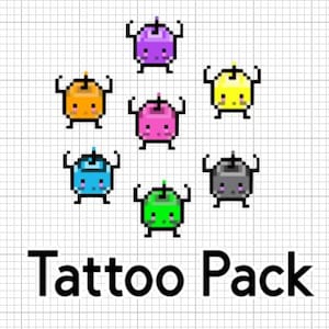 May include: A collection of seven pixelated cartoon characters in various colors, including purple, orange, yellow, pink, blue, green, and gray. The characters have small arms and legs, and the text "Tattoo Pack" is below them.