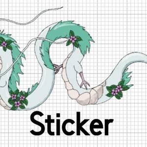 Peut inclure: Autocollant représentant un dragon stylisé avec un corps blanc, des accents vert clair et des détails de fleurs violettes. Le mot "Sticker" est imprimé en noir sous l'illustration du dragon.