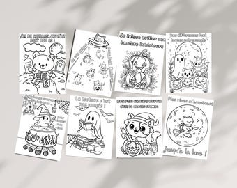May include: Eight black and white colouring pages featuring Halloween-themed illustrations of ghosts, cats, pumpkins, and bats. Each page includes French text such as J'AI DU COURAGE JUSQU'AU BOUT DES OS, Je laisse briller ma lumière intérieure, and La lecture c'est ma magic.