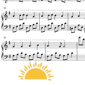 Könnte beinhalten: Notenblatt für "Ode To Joy", arrangiert von Abby Camberlango. Die Noten sind auf weißem Papier gedruckt. Titel und Name des Arrangeurs stehen oben. Ein gelbes Sonnensymbol und die Worte "Measured Melodies" befinden sich unten auf der Seite.