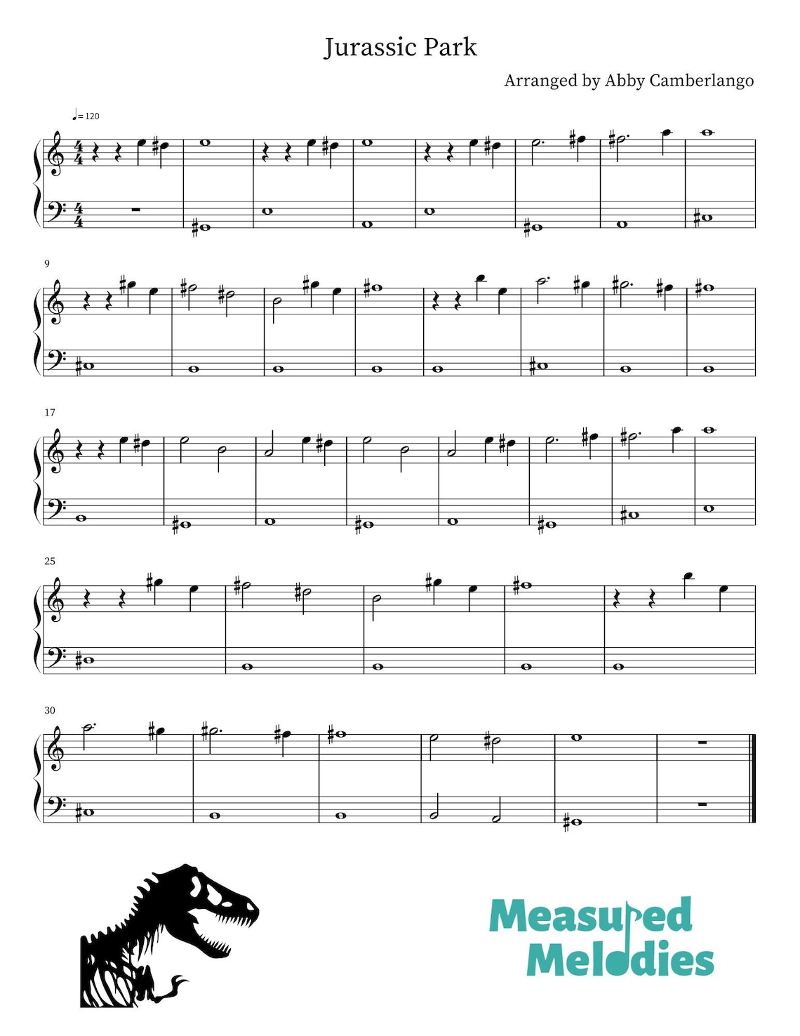 Jurassic Park Theme Easy Piano Sheet Music - Etsy