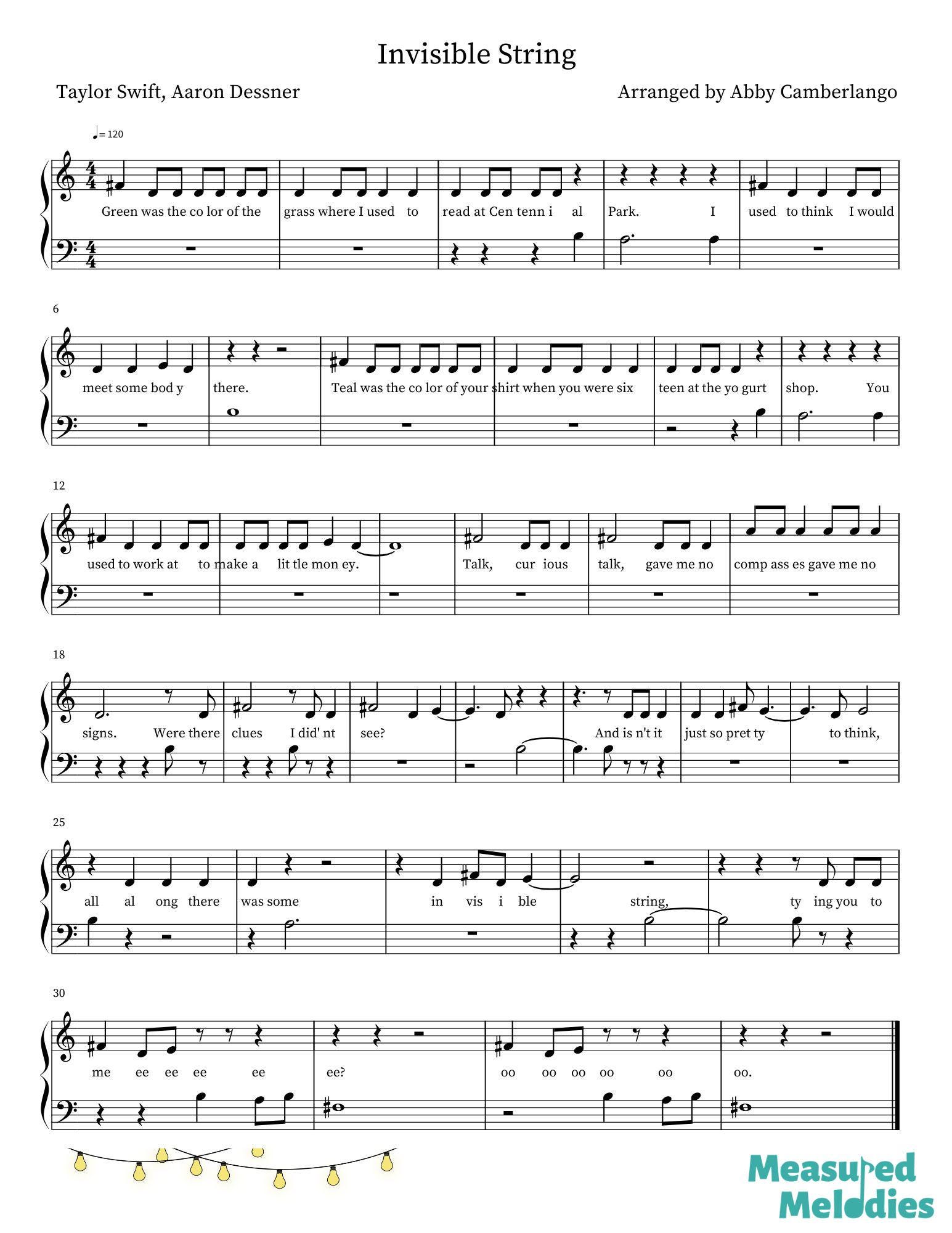 Invisible String Easy Piano Sheet Music - Etsy
