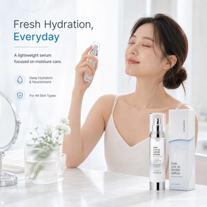May include: A woman holds a skincare serum bottle, spraying it on her face. The image includes a product box and bottle with the text "SKIN LIVE-IN WATER SERUM". The background features text that reads "Fresh Hydration, Everyday".