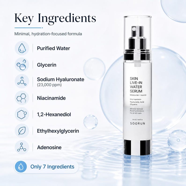 May include: A clear glass bottle of "SKIN LIVE-IN WATER SERUM" with a black and silver pump. The label lists key ingredients like Hyaluronic Acid and Glycerin. The background shows ingredient icons and text: "Key Ingredients" and "Only 7 Ingredients".