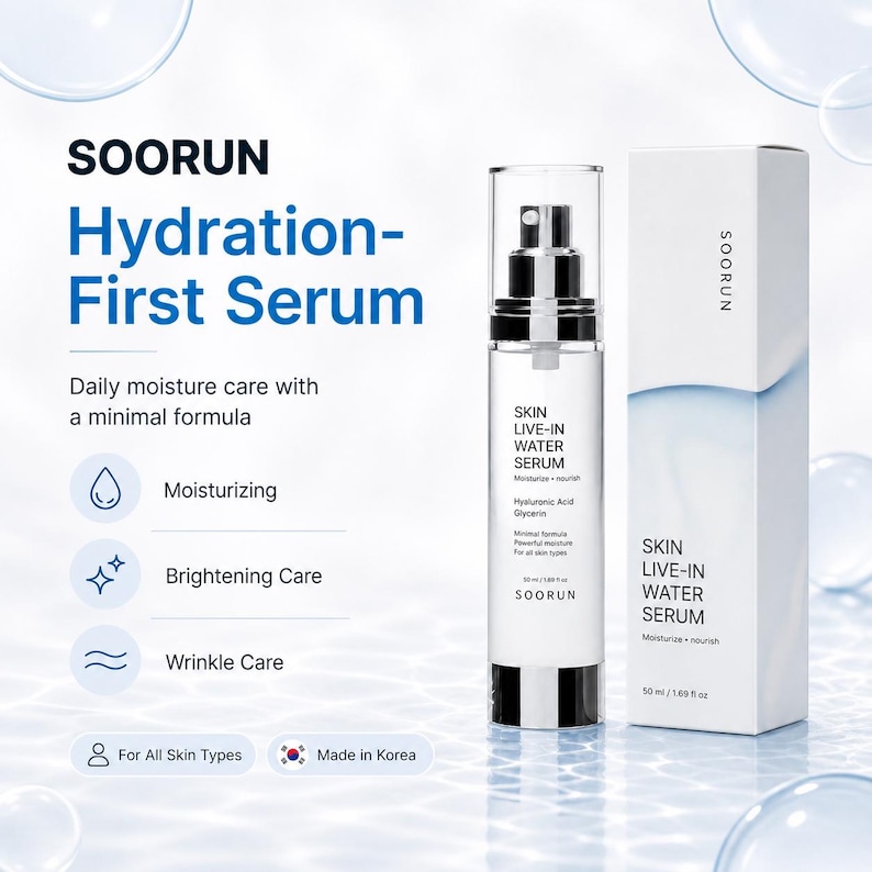 May include: A clear glass bottle of SOORUN Hydration-First Serum with a white box. The serum bottle has a black and silver spray nozzle. The box and bottle have the text "SKIN LIVE-IN WATER SERUM". The product is for moisturizing, brightening, and wrinkle care.