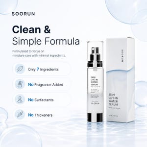 May include: A skincare product advertisement featuring a clear glass bottle with a black and white pump, labeled "SKIN LIVE-IN WATER SERUM." A white box with the same product name and brand logo is next to the bottle. The text highlights a clean formula with minimal ingredients.