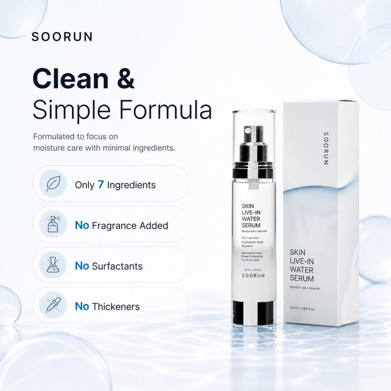 May include: A skincare product advertisement featuring a clear glass bottle with a black and white pump, labeled "SKIN LIVE-IN WATER SERUM." A white box with the same product name and brand logo is next to the bottle. The text highlights a clean formula with minimal ingredients.