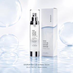 May include: A clear glass bottle of SOORUN Skin Live-In Water Serum with a silver pump and a white box. The bottle and box have the text "SKIN LIVE-IN WATER SERUM". The product is 1.69 fl oz.