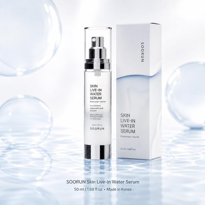 May include: A clear glass bottle of SOORUN Skin Live-In Water Serum with a silver pump and a white box. The bottle and box have the text "SKIN LIVE-IN WATER SERUM". The product is 1.69 fl oz.