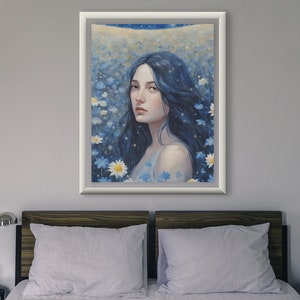 Dunkelblaue Haarige Frau Blumen Kunstdruck I Ethereal Beauty Poster I Schöne Blumenportrait Kunst I Blauer Sternenhimmel Digital Download