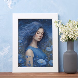 Blauer Sternenhimmel Kunstdruck I Frau im Blumenfeld Digital Download I Schöne Nacht Poster I Blumen Landschaft Kunstdruck I Entrückte Kunst