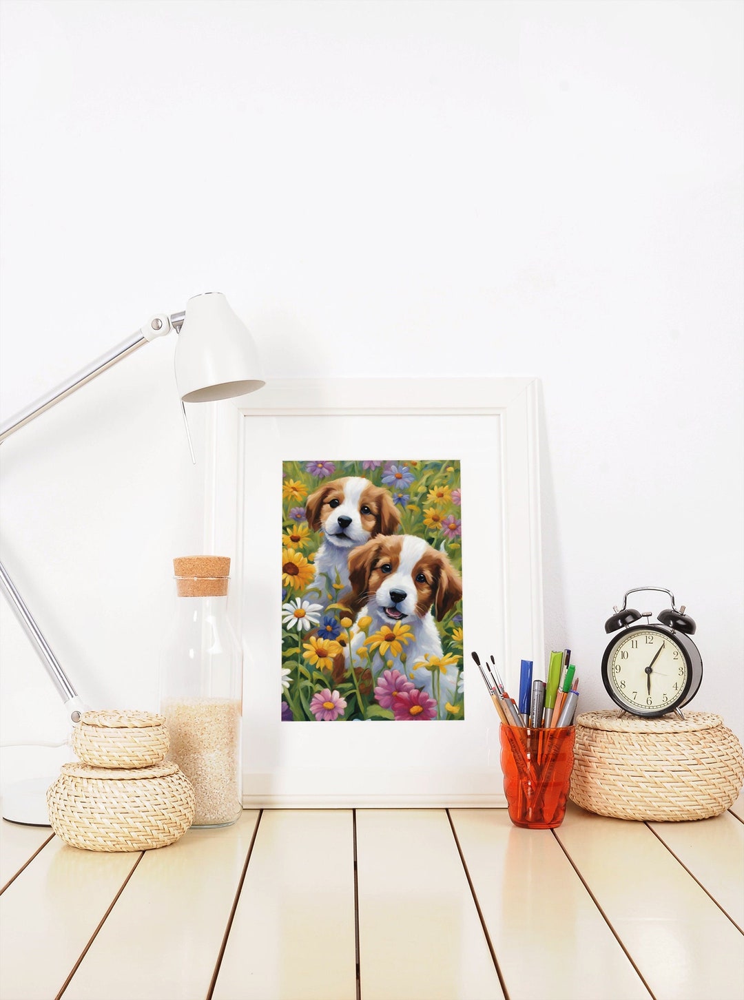 Happy Puppy Dog Art Print | Cute Dogs and Flowers Wall Art | Animal ...