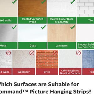 Peut inclure: Un tableau intitul&eacute; Which Surfaces are Suitable for Command Picture Hanging Strips? avec des coches vertes pour les murs peints, le bois, le b&eacute;ton, le carrelage, le m&eacute;tal, le verre, les stratifi&eacute;s et les plastiques, et des cercles rouges pour les murs textur&eacute;s, le papier peint, la brique et le tissu.